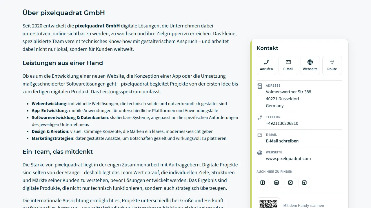 Unternehmensseite der pixelquadrat GmbH auf exponde